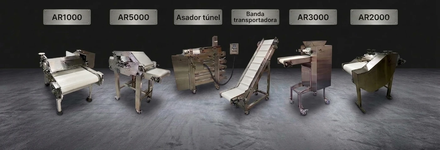 Máquinas para hacer arepas industrial de Chicmachine rotuladas por modelo: AR1000, AR5000, asador tipo túnel, banda transportadora, AR3000 y AR2000