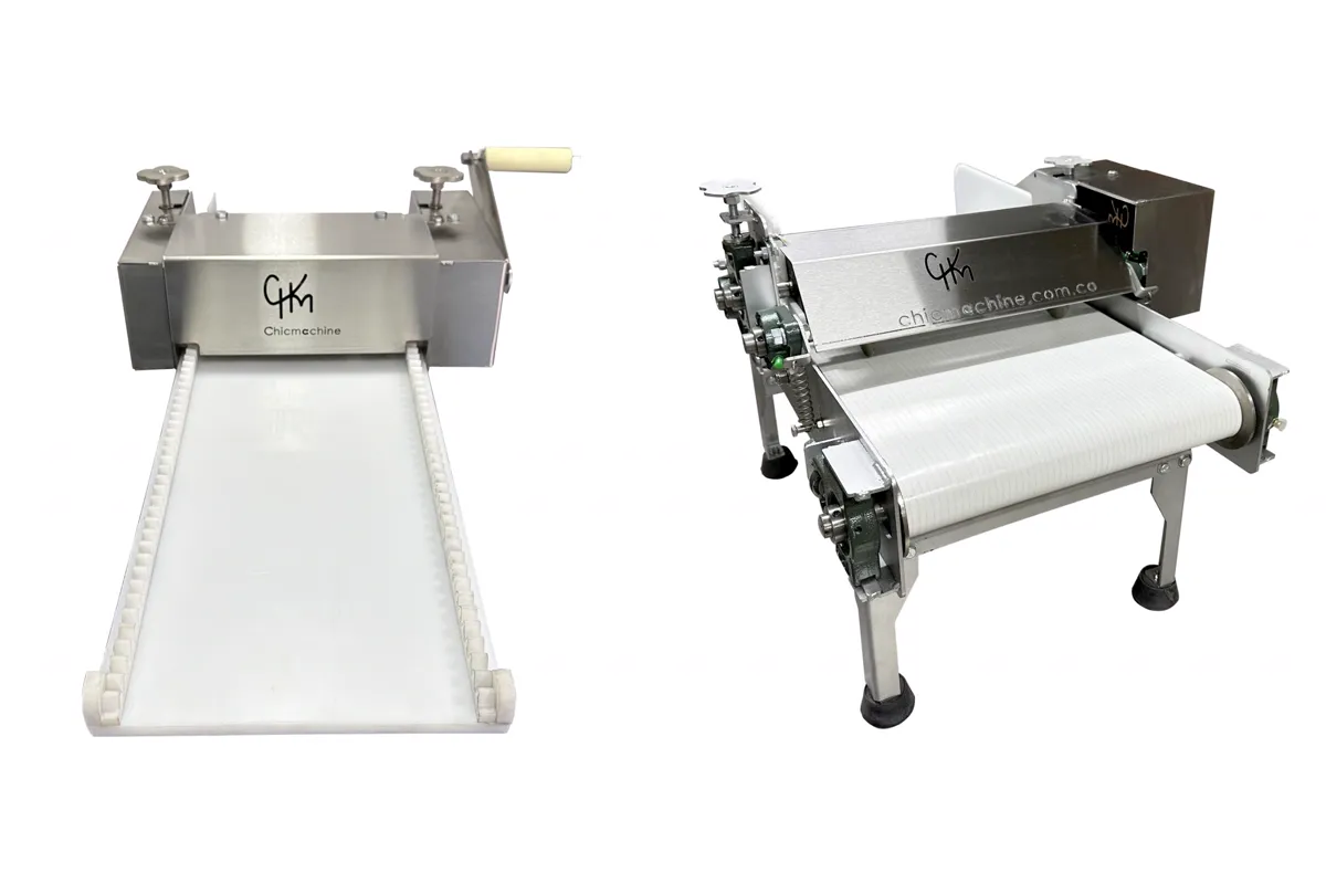 Laminadora manual (izquierda) y máquina automática para arepas AR1000 (derecha) de Chicmachine